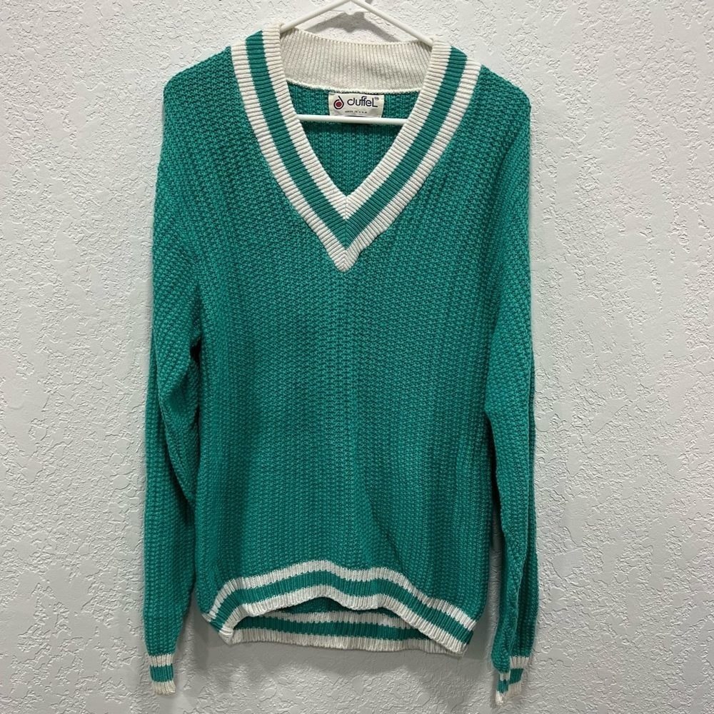 Vintage Duffel teal vneck knit sweater medium